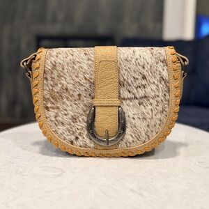 Trinity Ranch Western Hair-On Cowhide Saddle Crossbody Tan